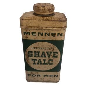 Mennen Shave Talc Men Neutral Tint Tin 4oz Metal Lid Green White Container Vtg